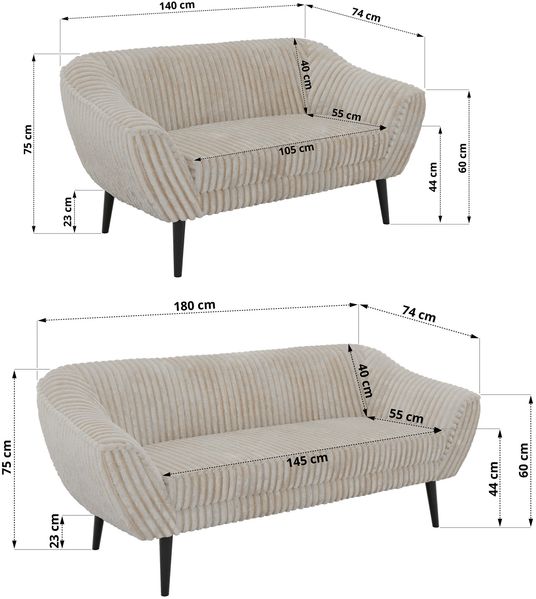 Skandinavisches Sofa Set PIRS 3-2, Komplettset, Wellenfederung, schwarze Füße, Sitzgruppe, Polstermöbel Set - Beige Cord Bild 5