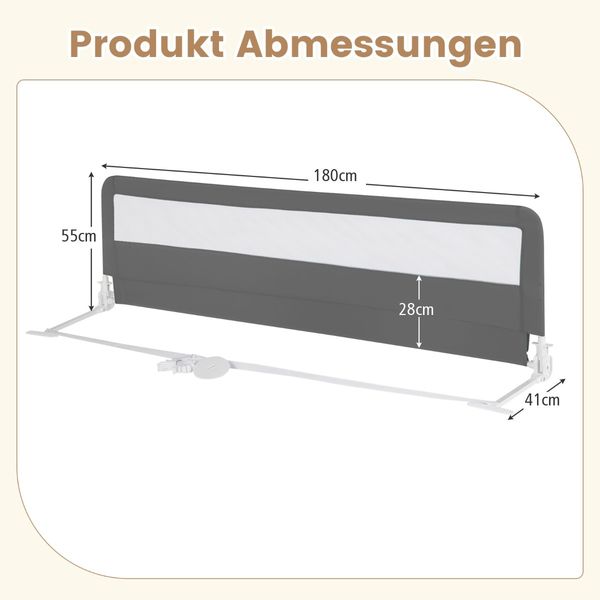 180 cm Lange Klappbares Bettgitter mit Sicherheitsgurten 180° Faltbar Grau