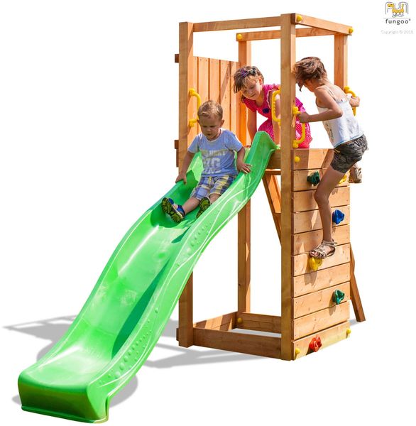Fungoo Spielturm "TipTop", teak,mit Rutsche Leiter und Kletterwand