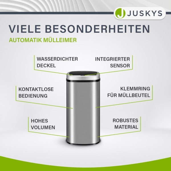 Juskys Automatik Mülleimer mit Bewegungssensor, wasserdicht, Stahl, Silber, 70 Liter Bild 7