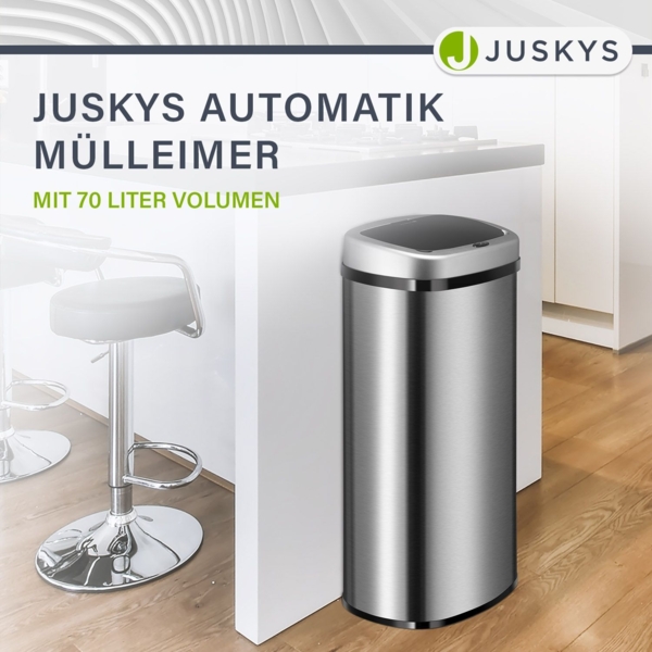 Juskys Automatik Mülleimer mit Bewegungssensor, wasserdicht, Stahl, Silber, 70 Liter Bild 8