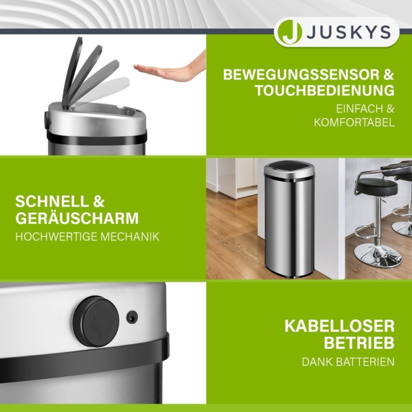 Juskys Automatik Mülleimer mit Bewegungssensor, wasserdicht, Stahl, Silber, 70 Liter Bild 3