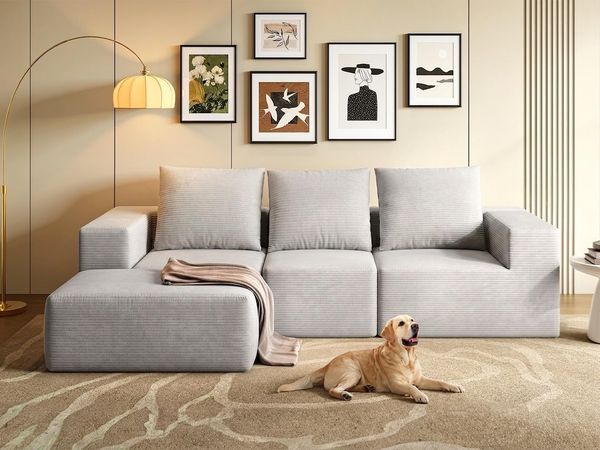 YITAHOME Modulares Ecksofa mit Schlaffunktion, Boneless Couch 3 Sitzer mit Ottomane, Sofa L Form 247 x 155 x 57 cm, Corduroy Schlafsofa, Couch Sektionssofas, Keine Montage erforderlich, Hellgrau