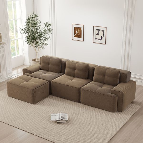 Modulares Sofa aus Cord, L-Form & Tiefsitz, 293 x 177 x 69 cm, Braun