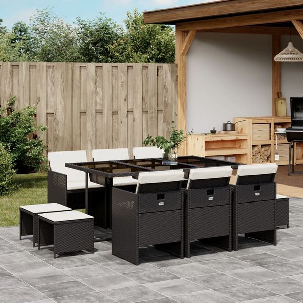 vidaXL 11-tlg. Garten-Essgruppe mit Kissen Schwarz Poly Rattan 3210606