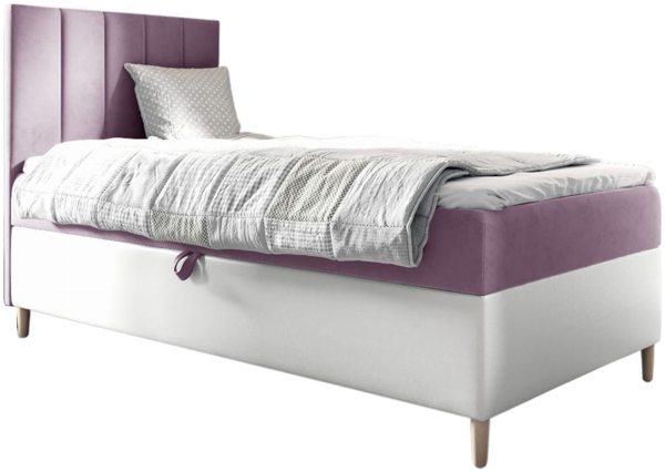 MEBLINI Kinderbett mit Bettkasten MAYA 1 90x200 Links – H3/Lila Samt Gepolstert Einzelbett mit Matratze - Polsterbett mit Stauraum - Bett mit Kopfteil – Stauraumbett