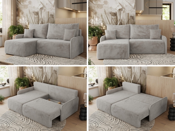 Ecksofa für das Wohnzimmer, mit losen Kissen, Schlaffunktion und Bettkästen, L-förmiges Ecksofa mit Armlehnen, Wellenfeder - ARPA - Hellgrau Plüschstoff - linke Seite Bild 2