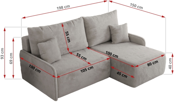 Ecksofa für das Wohnzimmer, mit losen Kissen, Schlaffunktion und Bettkästen, L-förmiges Ecksofa mit Armlehnen, Wellenfeder - ARPA - Hellgrau Plüschstoff - linke Seite Bild 7