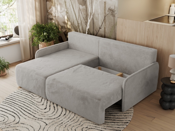 Ecksofa für das Wohnzimmer, mit losen Kissen, Schlaffunktion und Bettkästen, L-förmiges Ecksofa mit Armlehnen, Wellenfeder - ARPA - Hellgrau Plüschstoff - linke Seite Bild 4