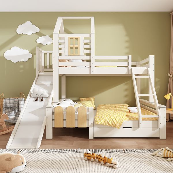 Etagenbett 90x200 und 140x200 cm mit Rutsche, Leiter und Schublade, weiß/natur, EN747-1:2024