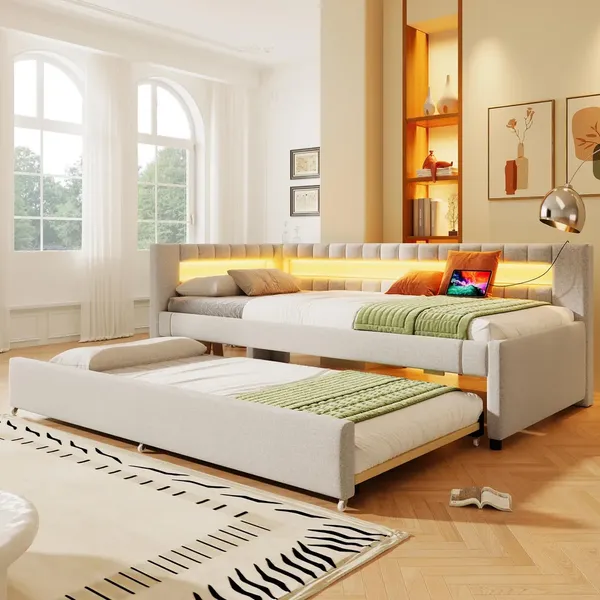 Polsterbett mit Lattenrost, Gästebett, USB und Type-C Anschlüssen, 90x200cm, Schlafsofa, Einzelbett, Leinen