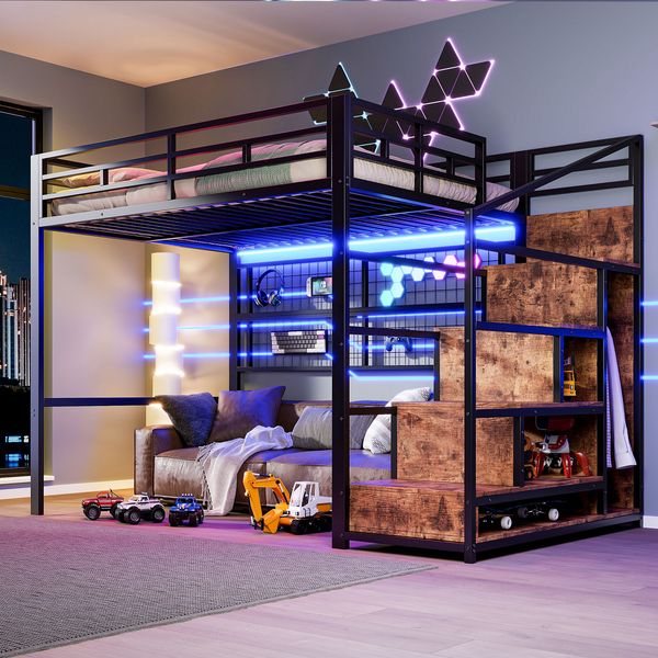 Hochbett, 140 x 200cm, Eisenrahmen, Kleiderschrank, Stauraumleiter, Gitter zum Aufhängen von Gegenständen, Freifläche unter dem Bett, 7-farbige LED-Leuchten, ohne Matratze, Schwarz