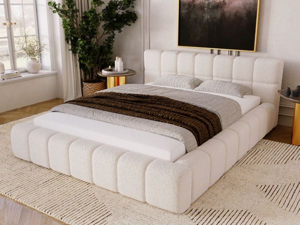 GRAINGOLD Alicante Polsterbett 180x200, Doppelbett mit Bettkasten und Kopfteil, Bouclé-Stoff, Beige