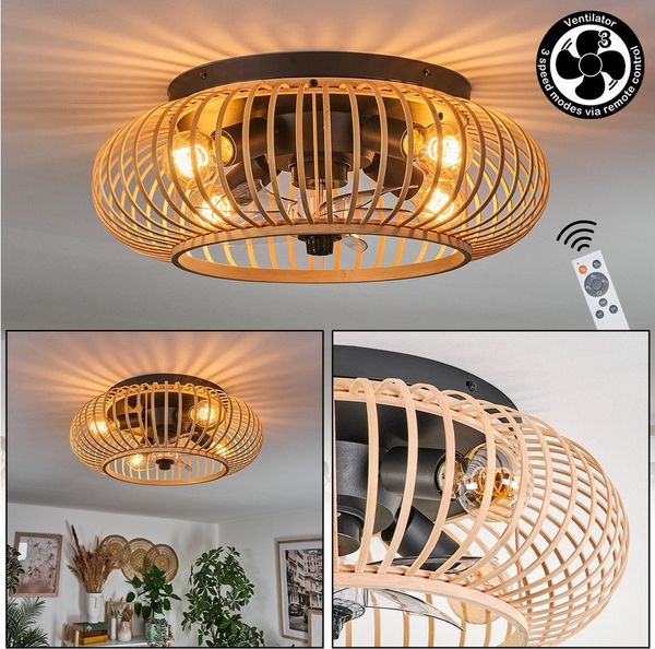 hofstein Deckenleuchte Deckenventilator mit Beleuchtung aus Metall/Bambus, Fernbedienung, ohne Leuchtmittel, Auf-/Abwind-Funktion, Lichteffekt, Ø 50cm, 4xE27, ohne Leuchtmittel