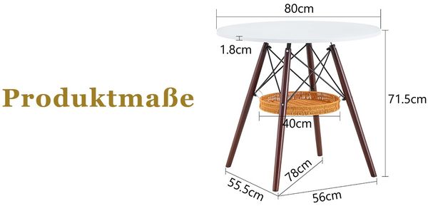 Runder Esstisch Ø 80 cm,Tischplatte aus weißem MDF, Tischbeine aus walnussfarbenem Massivholz, kombiniert mit einer schwebenden, geflochtenen Ablagekorbkonstruktion, geeignet für 2 bis 4 Personen Bild 8