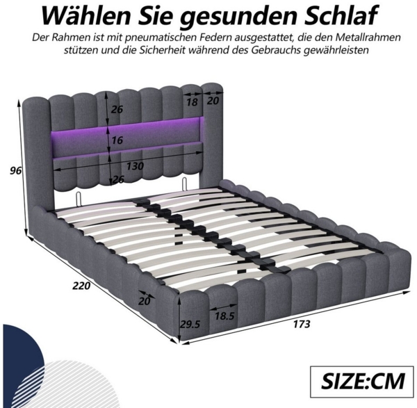 Romance Polsterbett Doppelbett Jugendbett (Hydraulisch anhebbarer Bettstauraum), Mit LED-Beleuchtung,USB & Type-c Anschlüsse,Leinen,160x200 cm Bild 2