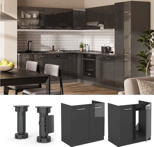 Spülenunterschrank R-Line Anthrazit Hochglanz 80 cm ohne Arbeitsplatte Vicco Bild 2