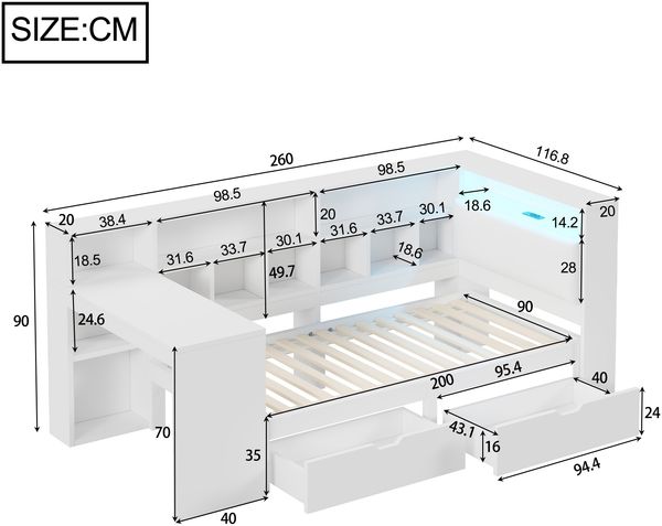 L-förmiges Holz-Plattformbett 90x200 cm mit Schreibtisch, Bücherregal, LED-Beleuchtung und Schubladen, Weiß Bild 5