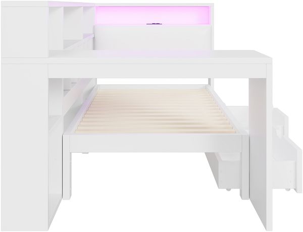 L-förmiges Holz-Plattformbett 90x200 cm mit Schreibtisch, Bücherregal, LED-Beleuchtung und Schubladen, Weiß Bild 9