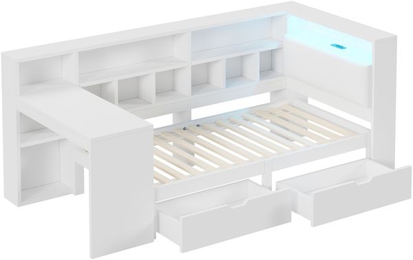 L-förmiges Holz-Plattformbett 90x200 cm mit Schreibtisch, Bücherregal, LED-Beleuchtung und Schubladen, Weiß Bild 8