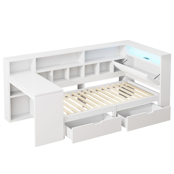 L-förmiges Holz-Plattformbett 90x200 cm mit Schreibtisch, Bücherregal, LED-Beleuchtung und Schubladen, Weiß Bild 10
