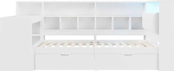 L-förmiges Holz-Plattformbett 90x200 cm mit Schreibtisch, Bücherregal, LED-Beleuchtung und Schubladen, Weiß Bild 6