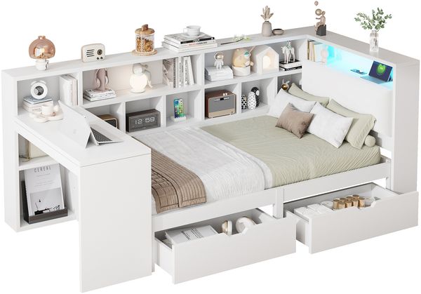 L-förmiges Holz-Plattformbett 90x200 cm mit Schreibtisch, Bücherregal, LED-Beleuchtung und Schubladen, Weiß