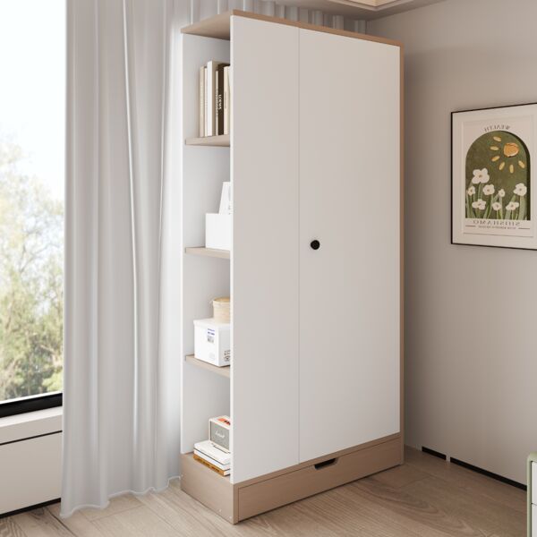 Kleiderschrank 70 x 40 x 170 cm aus Holz/MDF in Naturholz & Weiß, 1 Tür, mit Einlegeböden & Schubladen