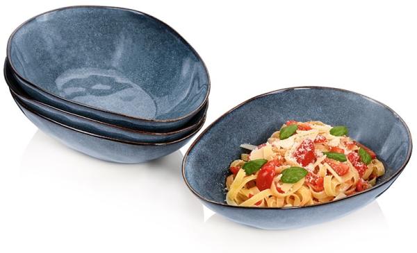 SÄNGER | Pastateller Darwin 4 tlg, Spaghetti Teller 4 Personen, Steingut Geschirr Set für Pasta, Nudelteller Spülmaschinengeeignet, Teller Steingut für Nudelgerichte Blau 1 L | PREMIUM COLLECTION