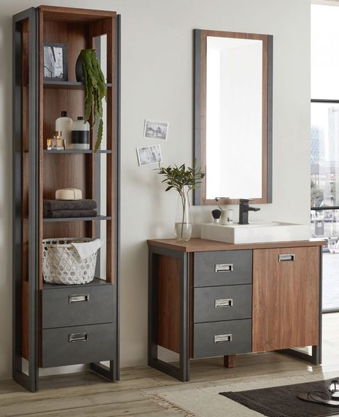 Badmöbel Set 4-teilig Auburn Eiche Stirling und Matera grau 160x205 cm, mit Waschbecken