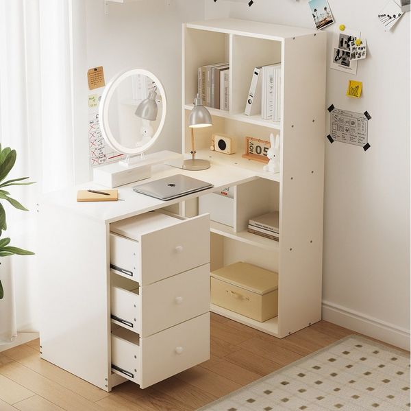 MODFU Schreibtisch mit 4 Ablagefächern, 3 Schubladen und Bücherregal (Computertisch, Bürotisch), Eckschreibtisch 117×63×135 cm