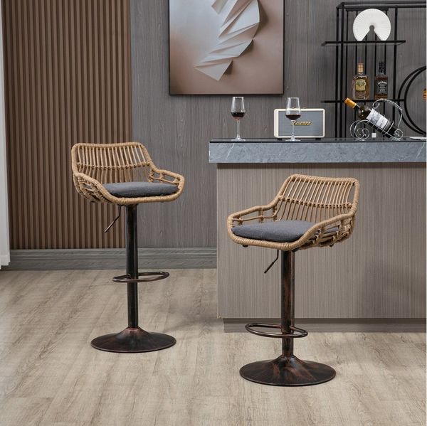 Celya Barhocker (2st),Barstühle 360°Drehbar Küchenstühle Sitzhöhe 65cm-85cm, Rattan Stuhl mit Fußstütze für Küche, Esszimmer,Grau