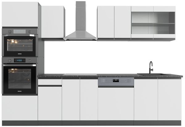 Küchenzeile R-Line Weiß/Anthrazit 300 cm J-Shape, mit Hochschrank, ohne Arbeitsplatte Vicco