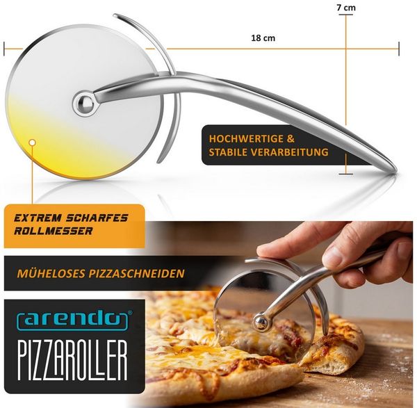 Arendo Pizzaschneider Profi Edelstahl Pizzaroller, scharfe 7cm Klinge, robust & stabil, Rostfrei, spülmaschinengeeignet, ergonomischer Griff, Pizza Cutter