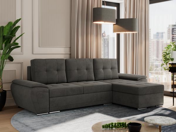 Universelles Ecksofa mit Schlaffunktion, Bettkasten und losen Kissen, gesteppte Sitzfläche - UMBRIA - Dunkelgrau Velvet