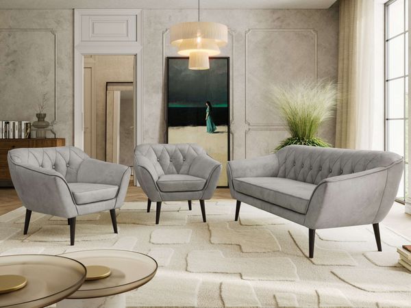 Wohnzimmerset PIRS 1-1-3, Skandinavisches 3-Sitzer Sofa mit Sesseln, Sofa mit Wellenfederung, schwarze Füße, Skandinavisches Möbelset - Hellgrau Velvet