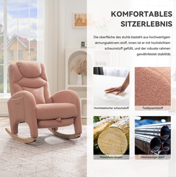 HAUSS SPOLE Stuhl Relaxsessel Posterstuhl mit Fußstütze, dicke Polsterung, Rosa (Schaukelstuhl mit Armlehne & Kopfstütze, Kunstfell-Stoff, 110 kg Tragkraft, Ideal für Wohnzimmer und Schlafzimmer – Relaxsessel mit klappbarem Fußhocker für maximale Entsp... Bild 3