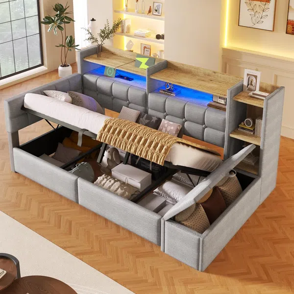 Stauraumbett mit LED-Beleuchtung, Bettkasten, Lattenrost, Regal und USB/Type-C Anschlüssen, 90x200 cm, Schlafsofa, Einzelbett, Jugendbett, Samt