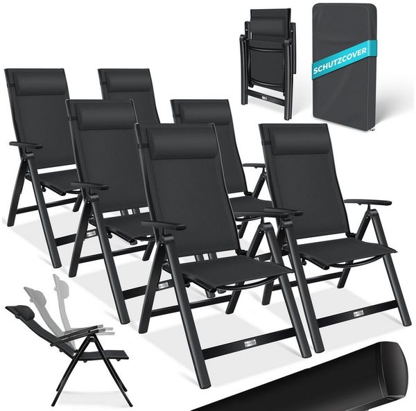 KESSER® Gartenstuhl Hochlehner mit Armlehnen | Aluminium Klappstuhl inkl. Kopfkissen Campingstuhl 7-Fach Verstellbar Rückenlehne | Atmungsaktiv & Wetterfest | Klappbar & Anti-Rutsch Schwarz, 6 Stück