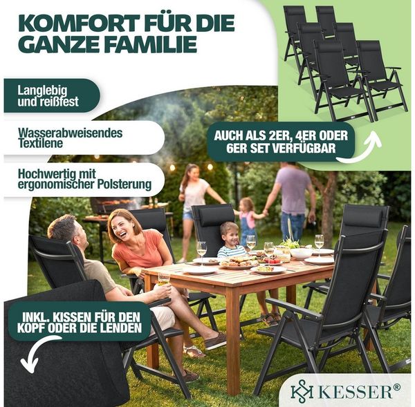 KESSER® Gartenstuhl Hochlehner mit Armlehnen | Aluminium Klappstuhl inkl. Kopfkissen Campingstuhl 7-Fach Verstellbar Rückenlehne | Atmungsaktiv & Wetterfest | Klappbar & Anti-Rutsch Schwarz, 6 Stück Bild 2