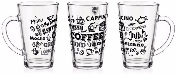 Sendez Gläser-Set 6 Latte Macchiato Gläser 300ml mit Kaffee-Aufdruck, Glas