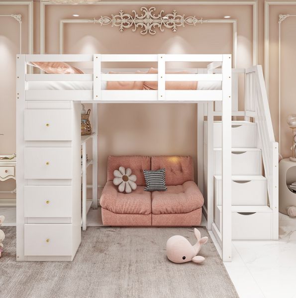 Hochbett mit Schreibtisch und Stauraum 140x200 Weiß Kiefer Massivholz Etagenbett Kinderbett Jugendbett mit Schubladen Regal Sicherheitsleiter Lattenrost 120kg Belastbar Raumoptimierung