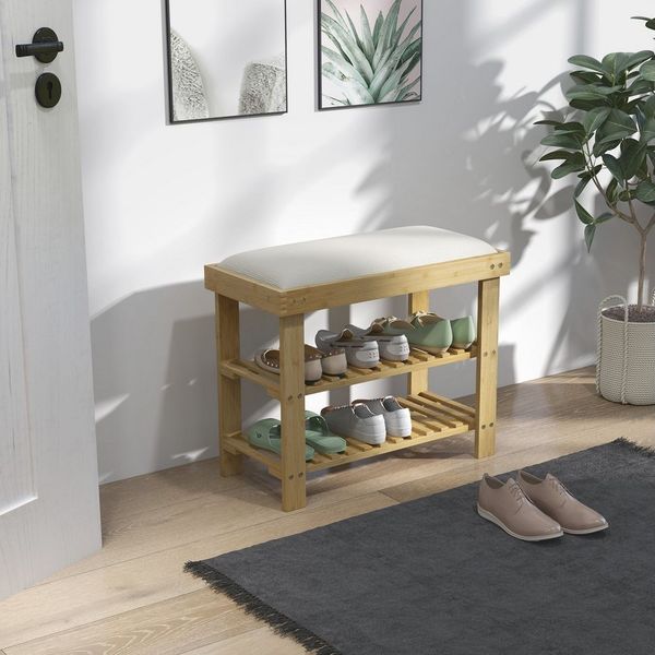 HOMCOM Schuhbank mit Stauraum, 2 offene Fächer (Schuhregal aus Bambus, 1-St, Schuhbank mit Sitzfläche), für Wohnzimmer, Flur, Cremeweiß+Naturholz