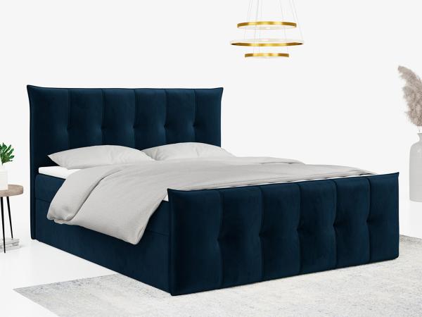 Boxspringbett, mit Fußteil, 2 Bettkästen - PREMIUM-11 - 140x200cm - Dunkelblau Velours - H4