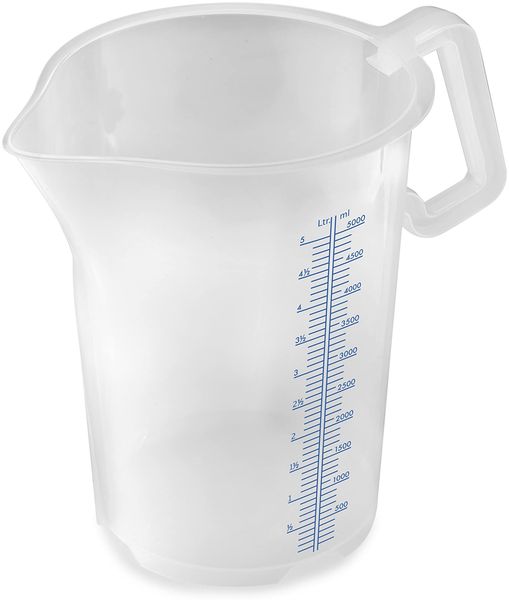 Thermohauser Messbecher m. geschlossenem Griff, 5000 ml, Kunststoff PP, blaue Skala in Litern und Millilitern 8300040091 Transparent