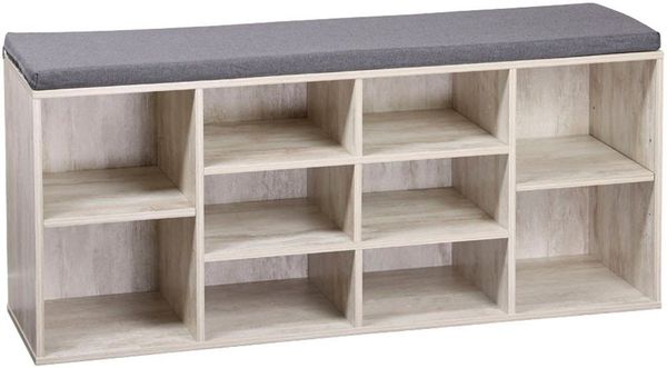 Offener Schuhschrank, weiß gekälkt - mit Sitzkissen, grau