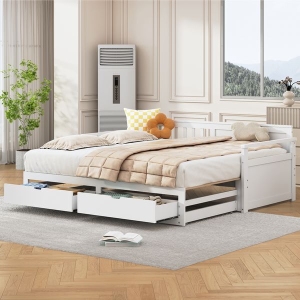 Ausziehbett 90/180×190 cm mit Schubladen und Lattenrost, Massivholz Weiß, ohne Matratze
