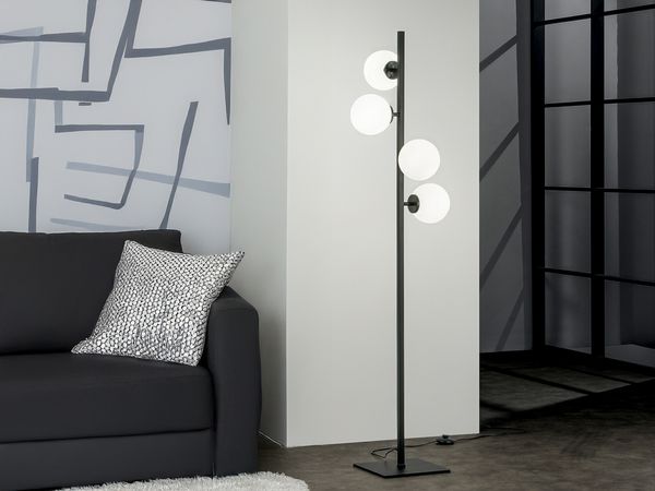 Stehlampe ENOIRE 4-flammig Schwarz mit Glaskugeln in Opalweiß, Höhe 150cm