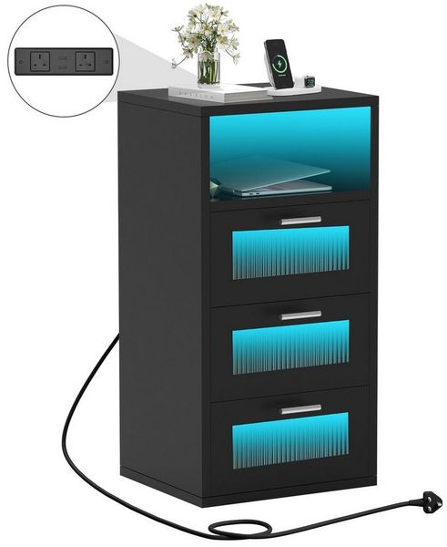 oyajia Nachttisch mit 2/3 Schubladen, Beistelltisch mit Ladestation und LED, Mit USB und Typ-C Anschlüsse, offenes Fach
