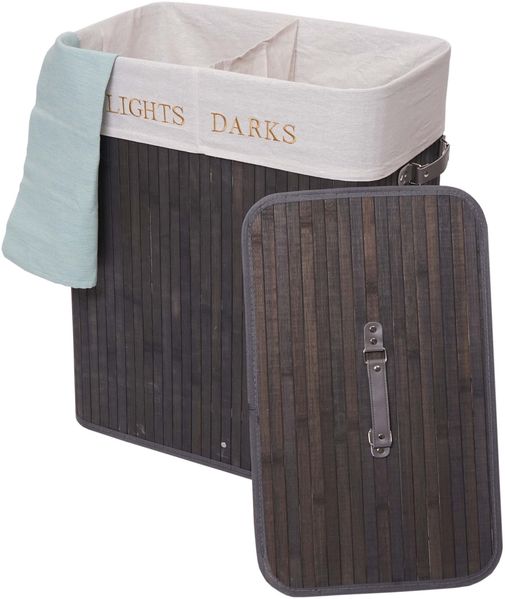 Wäschekorb HWC-C21, Laundry Wäschebox Wäschesammler Wäschebehälter, Bambus 2 Fächer 63x55x34cm 100l ~ dunkelgrau